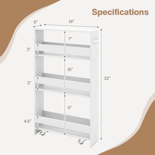 Slim Rolling Storage Cart, 4-Tier Kitchen Utility Carts on Wheels, Wood Shelving Unit Organizer Trolley with Handle, 5” Width Narrow Cart for Small Spaces, Laundry, Bathroom (White)
