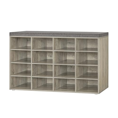 Shoe Storage Bench with Cushion, 16-Cubby Shoe Rack with Seat | 40.9"L Entryway Shoe Organizer Bench, Adjustable Shelves for Boots, Removable Washable Cushion, Closet/Hallway, Gray Wash - color: Gray Wash, size: 16 Cubby