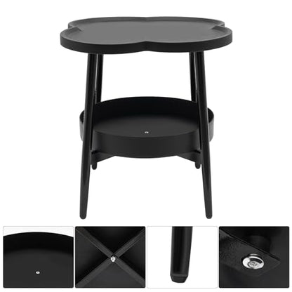 2-Tier Modern Side Table for Couch, Four-Leaf Clover Shape End Table Small Nightstand Coffee Tea Table Snack Table Sofa Side Table with Storage for Living Room Bedroom - color: Black