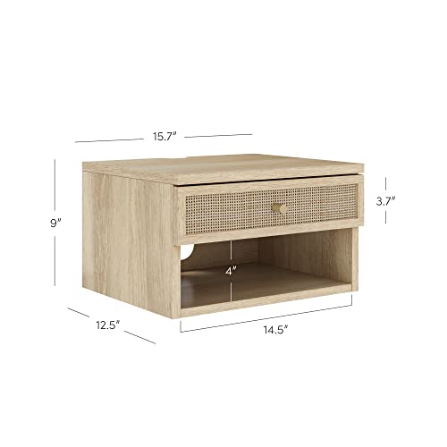 Nathan James Jackson Wall Mounted Rattan Floating Bedroom Nightstand with Storage Drawer and Modern Open Shelf Cubby, Light Oak/Rattan - color: Light Oak/Rattan, size: 1
