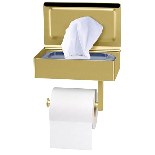 Brushed Gold Toilet Paper Holder Wall Mounted with Shelf & Wipes Storage – Stainless Steel SUS304 Modern Toilet Tissue Roll Holder for Bathroom, Kitchen – Adhesive and Screw Installation - color: Brushed Gold