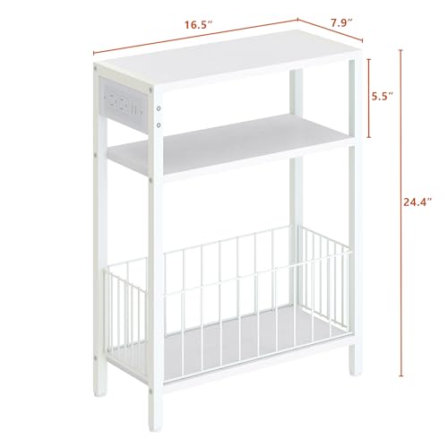 TRIFEBLE Narrow Side Table with Charging Station, Small End Table for Small Spaces, Slim Nightstand with Storage Basket, 3 Tier Skinny Bedside Table for Living Room, Bedroom, White - color: White, style: With Basket & Power