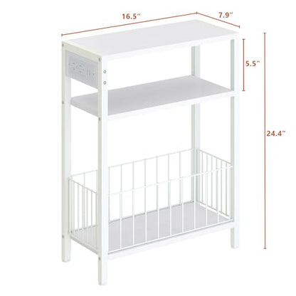 TRIFEBLE Narrow Side Table with Charging Station, Small End Table for Small Spaces, Slim Nightstand with Storage Basket, 3 Tier Skinny Bedside Table for Living Room, Bedroom, White - color: White, style: With Basket & Power