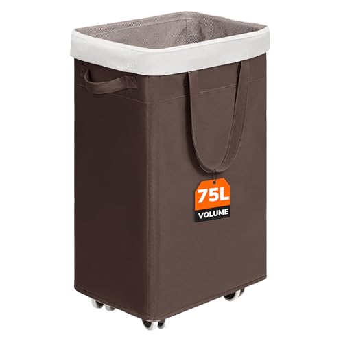 CHICVITA 75L Large Rolling Laundry Basket with Wheels & Wash Bag, Coffee | Clothes hamper for laundry room and living room. Removable wash bag for easy wash-day transpor - color: Coffee, size: 75L (15.7"L x 11.8"W x 24.8"H)