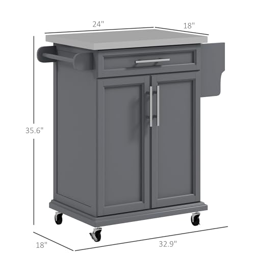 HOMCOM Kitchen Island on Wheels, Rolling Kitchen Cart with Stainless Steel Countertop, Drawer, Towel Rack and Spice Rack, Utility Storage Trolley, Gray - color: Grey