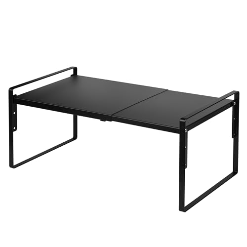 Nxconsu Cabinet Shelf Riser, Adjustable Cabinet Organizer, 12" Deep Black | Heavy-Duty Metal Expandable Shelf Holds 50 lb with 3 Height Levels for Kitchen Cabinet Cupboard Pantry Dish Mug - color: Black, size: 12’’D * 13.8-24.8’’W * 9.7’’H