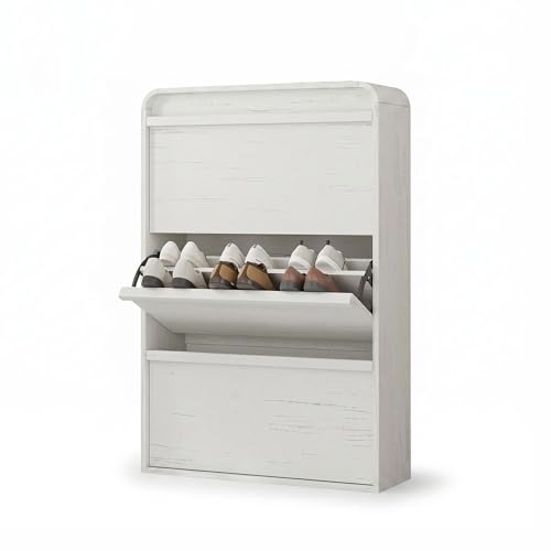 Garvee Shoe Cabinet with 3 Flip Drawers, Modern Narrow Shoe Storage Cabinet Organizer with Adjustable Shelf, 46" Tall Hidden Freestanding Shoe Rack Cabinet for Entryway, Hallway, Distressed White - color: Distressed White
