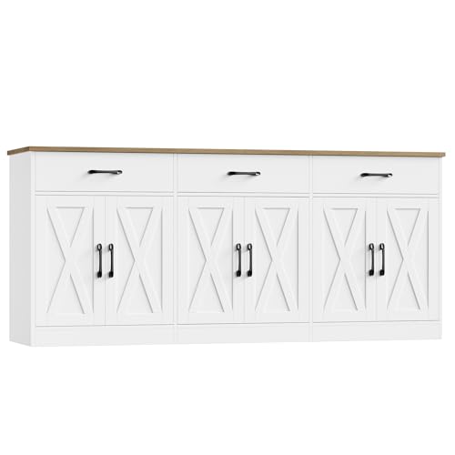 HOSTACK 71"W Farmhouse Kitchen Sideboard Buffet Cabinet with Storage, White | Large Coffee Bar Cabinet with 3 Wide Drawers, Long Buffet Table with Shelves, Kitchen Storage Cabinet for Dining Room - color: White