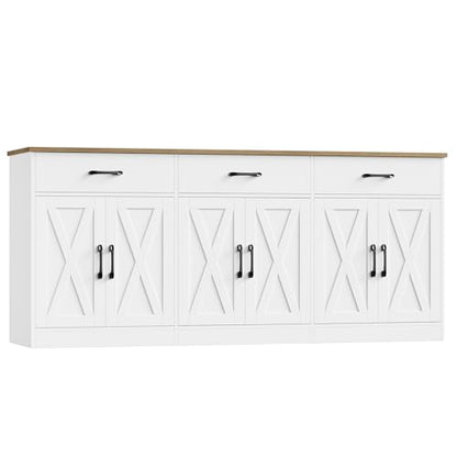 HOSTACK 71"W Farmhouse Kitchen Sideboard Buffet Cabinet with Storage, White | Large Coffee Bar Cabinet with 3 Wide Drawers, Long Buffet Table with Shelves, Kitchen Storage Cabinet for Dining Room - color: White