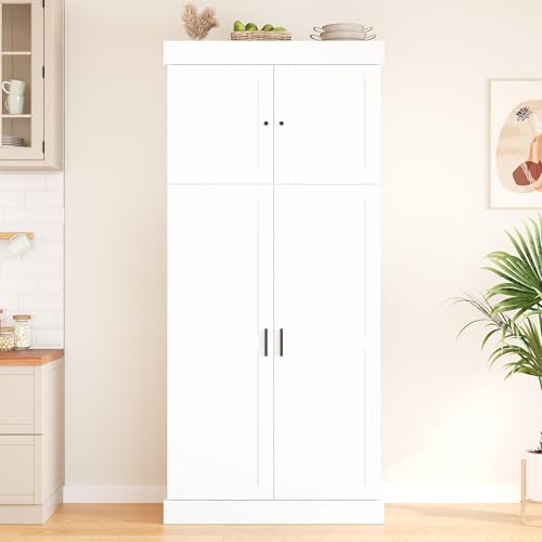Polibi 77" Tall Freestanding Kitchen Pantry Cabinet, 35" L x 17.7" W Modern Shaker Style Storage Cupboard with Adjustable Shelves, Wine Racks, Drawers, Door Shelves, White - color: White