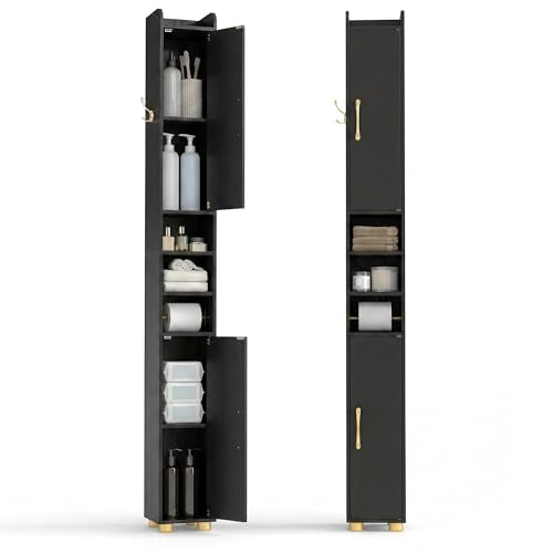 Tangkula Narrow Bathroom Cabinet, 69.5” Tall Storage with 2 Doors & Adjustable Shelves, Toilet Paper Rod & Side Hook, Anti-toppling Design, Slim Floor Cabinet for Small Spaces (Black, 2 Pack) - color: Black, size: 2 Pack