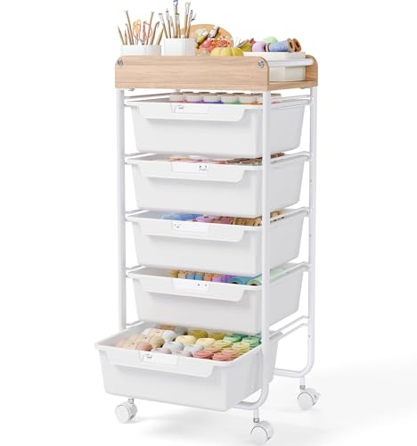 Utility Cart with Drawers,Craft Cart with 5 Drawers,Art Supply Organizer,Rolling Drawer Cart,Craft Storage Cart,Storage Drawer Carts With DIY Lable and Wooden Tabletop Area,White - color: White, size: 5-Drawer