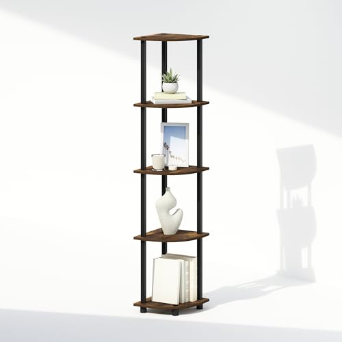 Furinno Turn-N-Tube Storage Shelves, 5-Tier Book Shelf, Corner Shelf with Open Shelves, Toollesss Assembly, for Organization and Storage, Living Room, Home Office, Hallway, Bedroom, Amber Oak - color: Amber Oak/Black