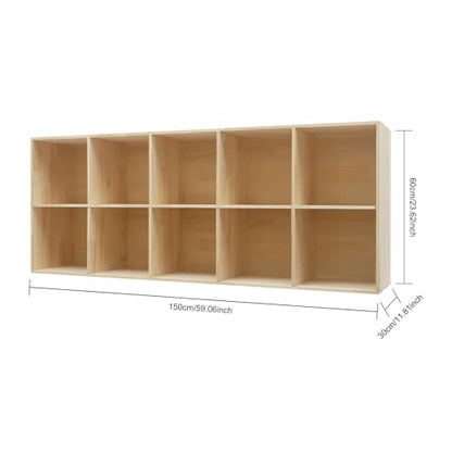 Wooden 10 Cube Shelf Bookcase, Floorstanding Bookshelf with Open Compartments & Back Panel 59.06x11.81x23.62 Inch, Solid Wood Cube Storage Organizer for Living Room, Bedroom, Home Office - size: 10 Cube