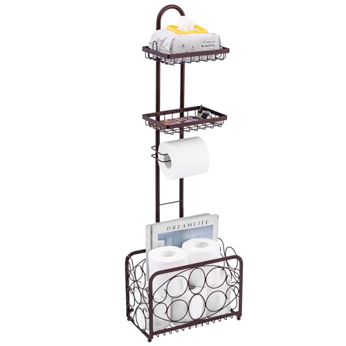 Oasis Creations Toilet Paper Holder Tissue Rack Stand with Magazine Toilet Roll Storage Basket- Freestanding, Bronze Metal - color: Bronze
