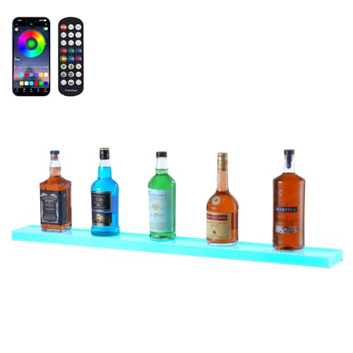 VEVOR LED Lighted Liquor Bottle Display, 1 Tier 40 Inch Wall Mounted Whiskey Rack Stand, 1 Step Commercial Illuminated Home Bar Shelf, Acrylic Drinks Light Shelves with RF Remote & App Control - size: 1 Step 40 Inches