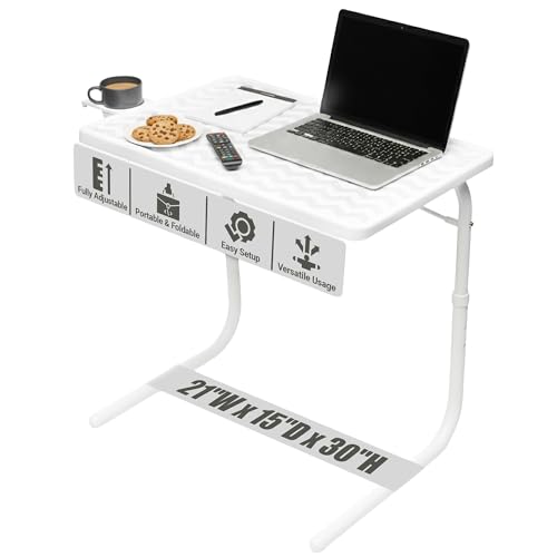 Table-Mate TV Tray Table | Portable Desk Folding Dinner Tray, Couch Table Trays for Eating Snack Food, Portable Laptop Desk, Bed Trays for Eating | Adjustable TV Trays with 3 Angles and Cup Holder - color: White, size: 15"D x 21"W x 29"H