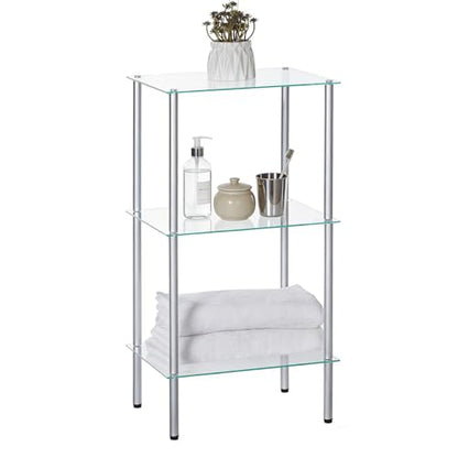 HOOBRO Glass Shelf, 3 Tier Bathroom Standing Shelf Unit, Tempered Glass Shelving Stand for Small Space, Perfume Stand Organizer, Space-Saving, for Bathroom, Bedroom, Steel Frame, Silver SV03CJ01 - size: 15"L x 11.8"W x 29.5"H