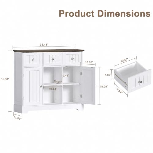 ChooChoo 35.4" Coffee Bar Cabinet with 3 Drawers and 2 Doors, White & Brown | Buffet Cabinet with Adjustable Shelves, Storage Cabinet for Compact Kitchens, Dining rooms and Living rooms - color: White & Brown