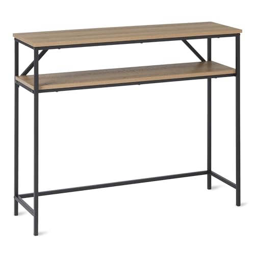 Amazon Basics Rectangular Console Table with Storage Shelf, Steel Frame, Oak Finish, 39.4"W x 31.5"H x 11.8"D - color: Oak, style: console table