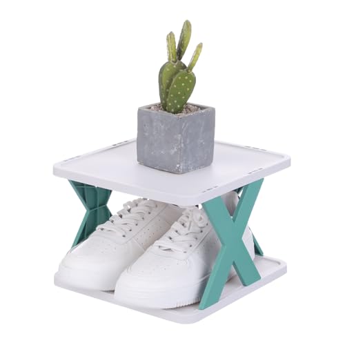 uxcell 2-Tier Plastic Shoe Rack, Vertical Shoe Rack Stackable Storage Organizer Folding Space-Saving Narrow Slot Shelf for Closet Livingroom Entryway Garage, Blue/White - color: Blue/White, size: 10.2x9.4x6.7 Inch