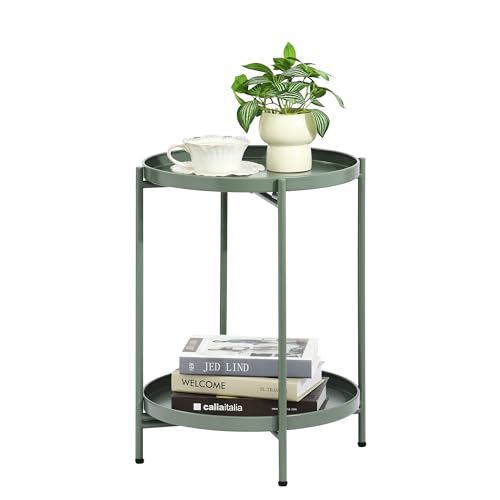 2-Tier Round End Side Table, Small Metal Side Table with Removable Tray, Folding Accent Tables for Living Room, Balcony, Nightstand for Bedroom, Outdoor Tables for Patio, Sage Green - color: Sage Green