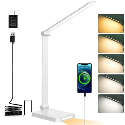 Dott Arts LED Desk Lamp with USB Ports, Touch Control, 5 Color Modes, 3 Brightness Levels, Foldable Design, White - color: White