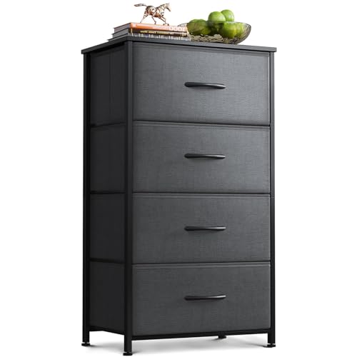AODK Small Dresser for Bedroom with 4 Storage Drawers, Dark Grey | Dressers Chest of Drawers Fabric Dresser with Sturdy Steel Frame, Dressers for Closet with Wood Top - color: Dark Grey