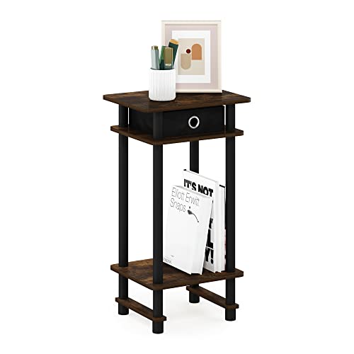 Furinno Turn-N-Tube Tall End Side Night Stand/Bedside Table with Bin Drawer, 1-Pack, Amber Pine/Black/Black | 1x Storage Bin, Tall Narrow Open Shelf Night Stand, Modern Bedside Table, Toolless Assembly, for Living Room, Bedroom - color: Amber Pine/Black/B
