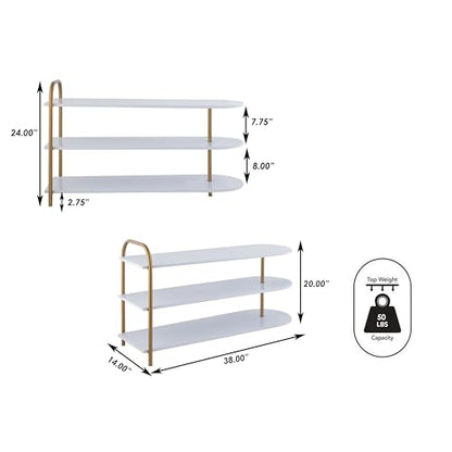 happimess SRK1001A Modern 24" 9-Pair 3-Tier Iron Curved Decker High End Table & Shoe Rack, White/Gold, for Entryway, Hallway, Closet, Doorway, Bedroom