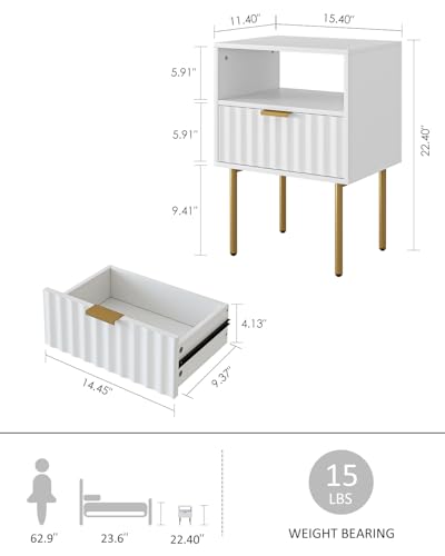 Night Stand,Modern Bedside Table with Drawer and Shelf,White Night Stand with Gold Frame,Small Side Table for Bedroom,Living Room - color: White