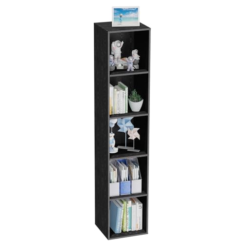 5 Tier Bookshelf, Open Tall Narrow Floor Standing Bookcase, Wooden Book Shelf Display Organizer for Home Office, Study (Black, 5 Cube) - color: Black, size: 5-Cube