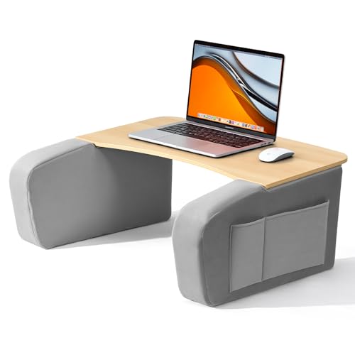 OPTIXCELL Lap Desk with Arm Rests, Ergonomic Laptop Stand for College Dorm | Curved Desktop and Dual Armrests, 40kg Capacity, Dual Pockets, Reading Writing Gaming Eating, Bed Couch Floor Dorm Room - color: Light Wood
