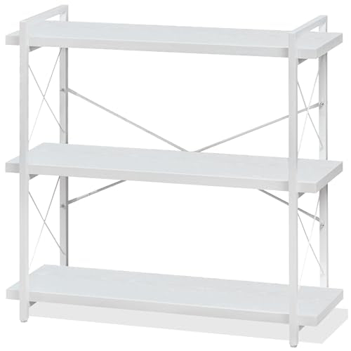 HCHQHS Bookshelf, 3-Tier Industrial Bookcase, White Open Book Shelf, Freestanding Horizontal Bookshelves with Metal Frame - color: Cloud White, size: 3-Tier (35.8"W x 35.8"H)