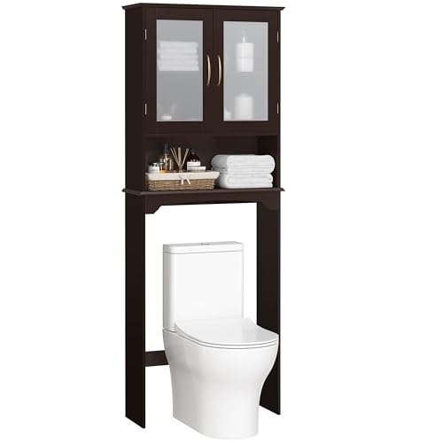 Yaheetech Over The Toilet Storage Cabinet, Free Standing Toilet Rack with Adjustable Shelves and Tempered Glass Doors for Bathroom Washroom, Espresso - color: Espresso