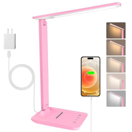 shinelife LED Desk Lamp for Office Home, Bright Desk Light with USB Charging Port, Adjustable Dimmable Desk Lamps 5 Modes 5 Brightness, Touch Study Lamp for Nail, Craft, Puzzle, Sewing, Study, Pink - color: Pink