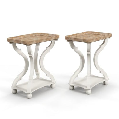 Accent Wood Farmhouse End Table Side Tables Nightstand Natural Tray Top and Distressed Carved Legs for Bedroom Living Room, White (2 PCS) - size: 2-pcs, style: Rectangle