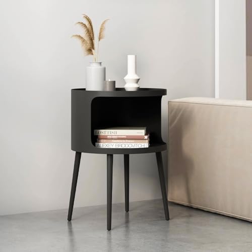 ZHBHHYZ Modern Round Side Table with Open Storage, Metal Nightstand End Table, Bedside Table for Living Room and Bedroom, Matte Black - color: Black-round