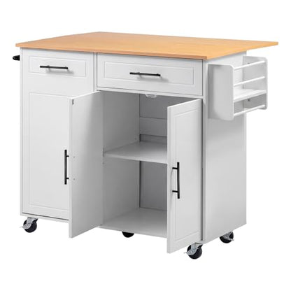 VEVOR Kitchen Island Cart with Storage, 46.06 in Wide Mobile Rolling Storage Island on Swivel Wheels, with Drawer, Storage Cabinet, Drop Leaf, Spice/Towel Rack, Table for Home Dining Room, White - size: 46.06"W (dropleaf)