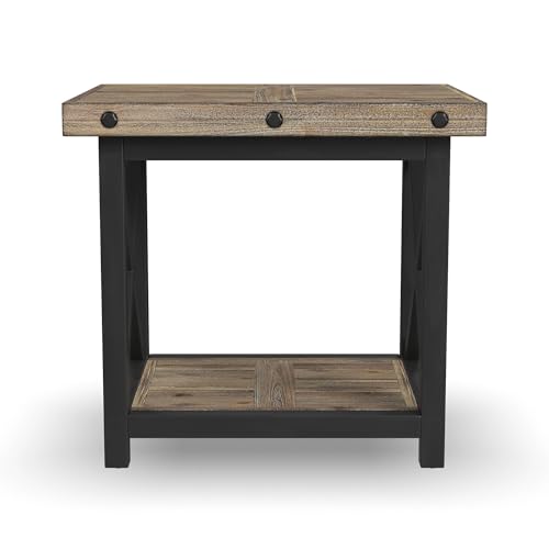 Flexsteel Craftsman Solid Acacia Wood End Table, Rustic Industrial with Lower Shelf, Hand Worked Metal Frame, Distressed Side Table Living Room Furniture, Farmhouse Nightstand (Light Brown)