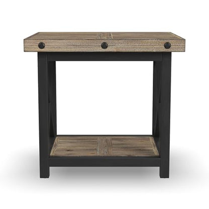 Flexsteel Craftsman Solid Acacia Wood End Table, Rustic Industrial with Lower Shelf, Hand Worked Metal Frame, Distressed Side Table Living Room Furniture, Farmhouse Nightstand (Light Brown)