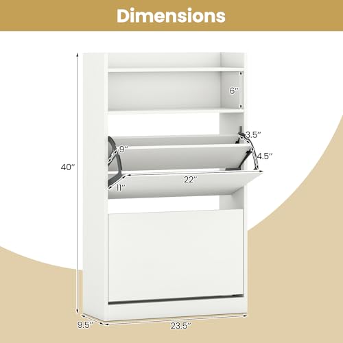 Giantex Shoe Cabinet with 2 Flip Drawers, Freestanding Hidden Shoe Rack Organizer Cabinet with 2 Open Shelves, Slim Shoe Storage Cabinet for Entryway, Hallway, Foyer, White