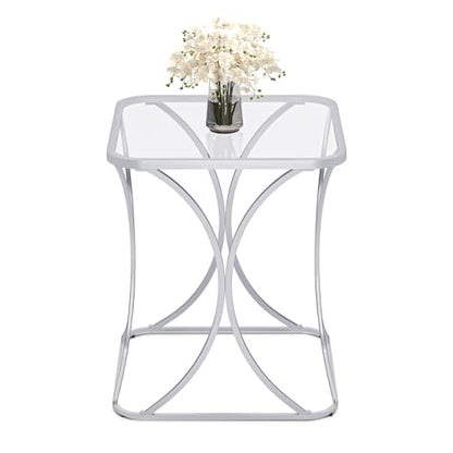 19.68" Square End Table with Tempered Glass Top, Stylish X-Shaped Metal Frame, Living Room Coffee Table, Sofa Side Table, Accent Tables for Small Spaces, Modern Bedside Table (Silver) - color: Silver, style: Style 2