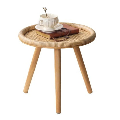 Small Side Table, Rattan Round Coffee Table, Boho Circle Side Tables End Table for Living Room, Mid Century Accent Table for Bedroom Balcony - color: Wood
