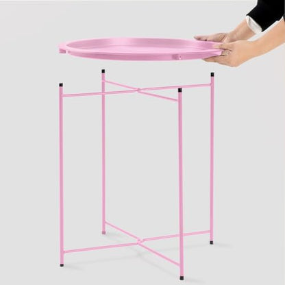 Garden 4 you End Table 2 PCS Metal Side Table Pink Round Folding Tray Cyan Sofa Small Accent Fold-able Table, Round End Table Tray, Next to Sofa Table, Snack Table for Living Room and Bed Room - color: Pink
