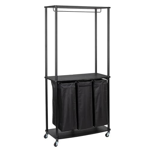 Household Essentials 3-Bag Laundry Center, Smooth Laminate Shelving, Sturdy Steel Frame - color: Black, size: 31.5"L x 17.3"W x 67.3"H