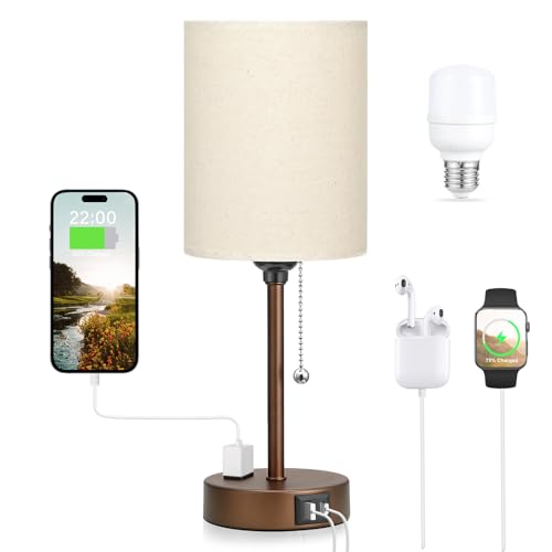 Dicoool Small Bedside Table lamp for Bedroom - 3 Color Temperatures Brown Bedside Lamps with USB C and A Ports, Pull Chain Table Lamps with AC Outlet, Black Nightstand Lamps for Kids Reading Study - color: Beige-Brown, size: 14.6 in