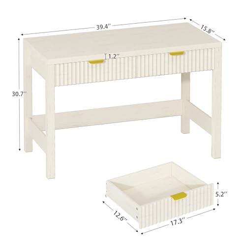 YOMILUVE Fluted Computer Desk with 2 Drawers, 39 Inch Small Computer Desk with Storage, Compact Writing Study Vanity Desk for Small Spaces, White - color: White