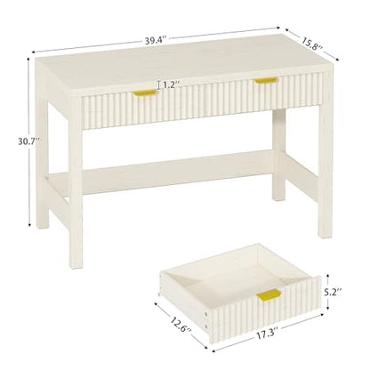 YOMILUVE Fluted Computer Desk with 2 Drawers, 39 Inch Small Computer Desk with Storage, Compact Writing Study Vanity Desk for Small Spaces, White - color: White