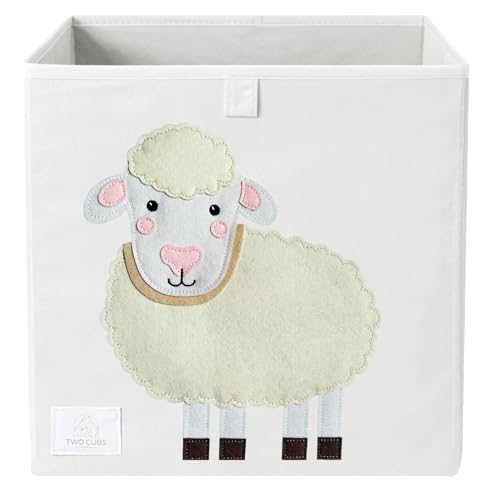 Two Cubs Foldable Kids Toy Storage Box - 13"x13" Cube Organizer Bin with Durable 2.6mm Plastic Plate Boards, Sheep Design in White - Collapsible Nursery & Playroom Storage, Fits IKEA Kallax Shelves - color: Sheep